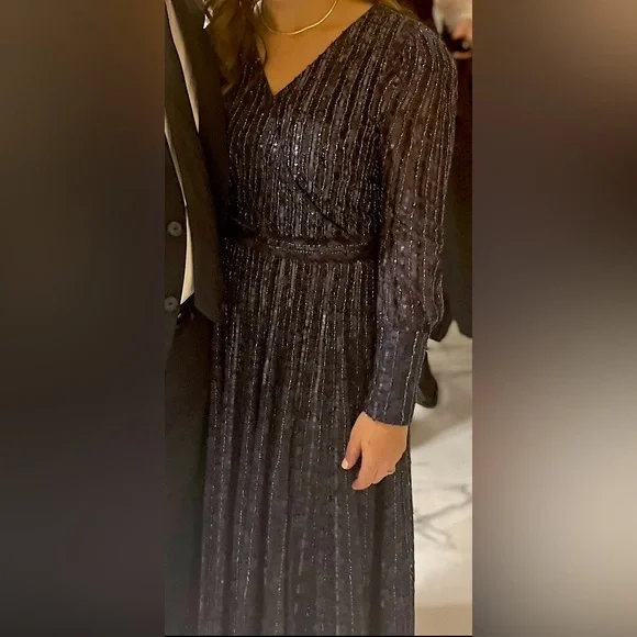 Mac Douglas Navy sequin long sleeve gown